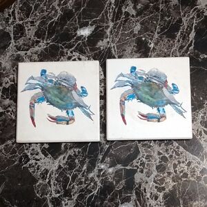 Artistic Crab Ceramic Tile Coasters - Blue and White